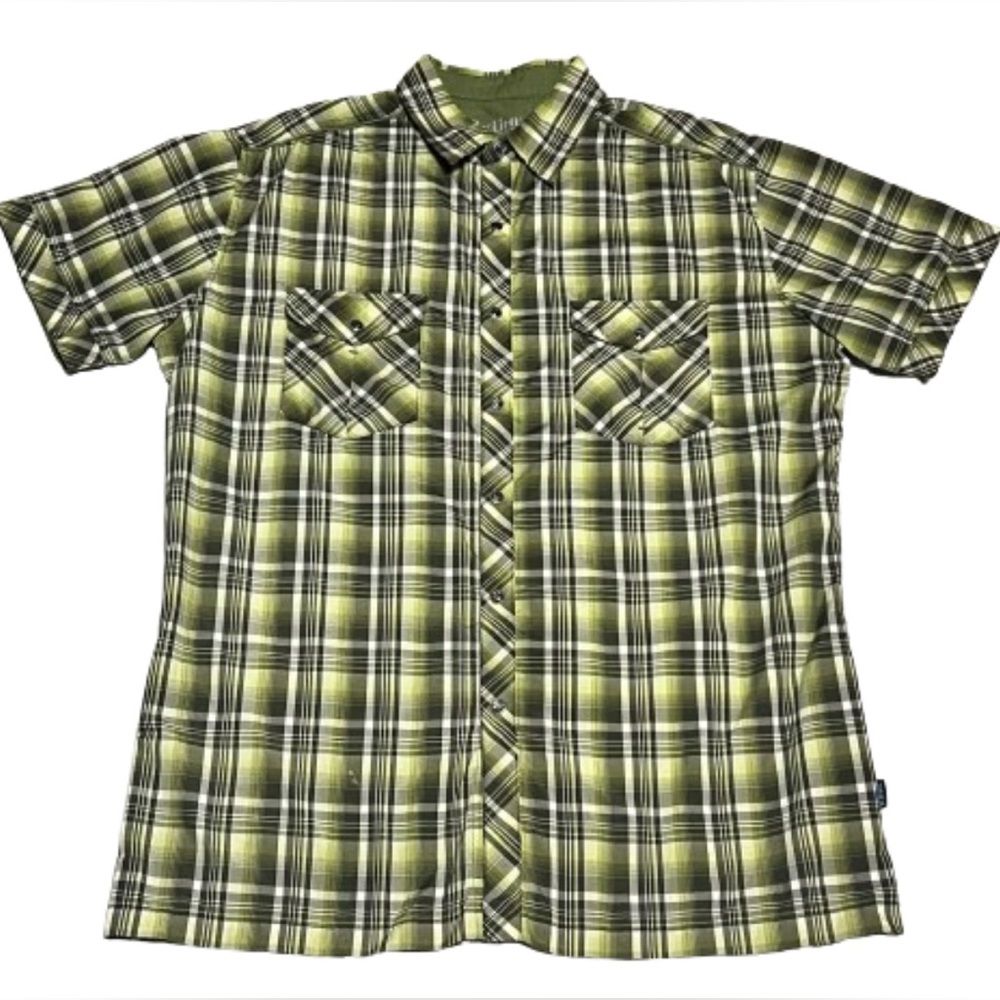 KUHL Eluxur Shirt Mens L Green Plaid Pearl Snap Short Sleeve Button Up W…
